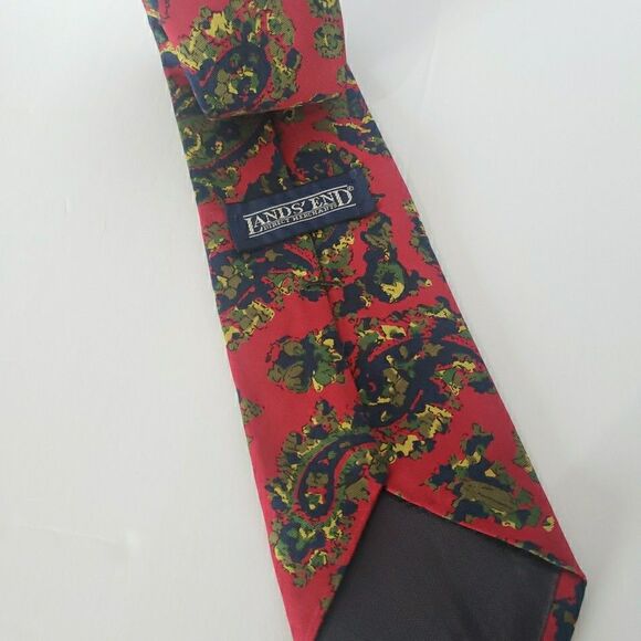 Men’s Neck Tie Lands End 100% Silk Red Paisley - Picture 4 of 7